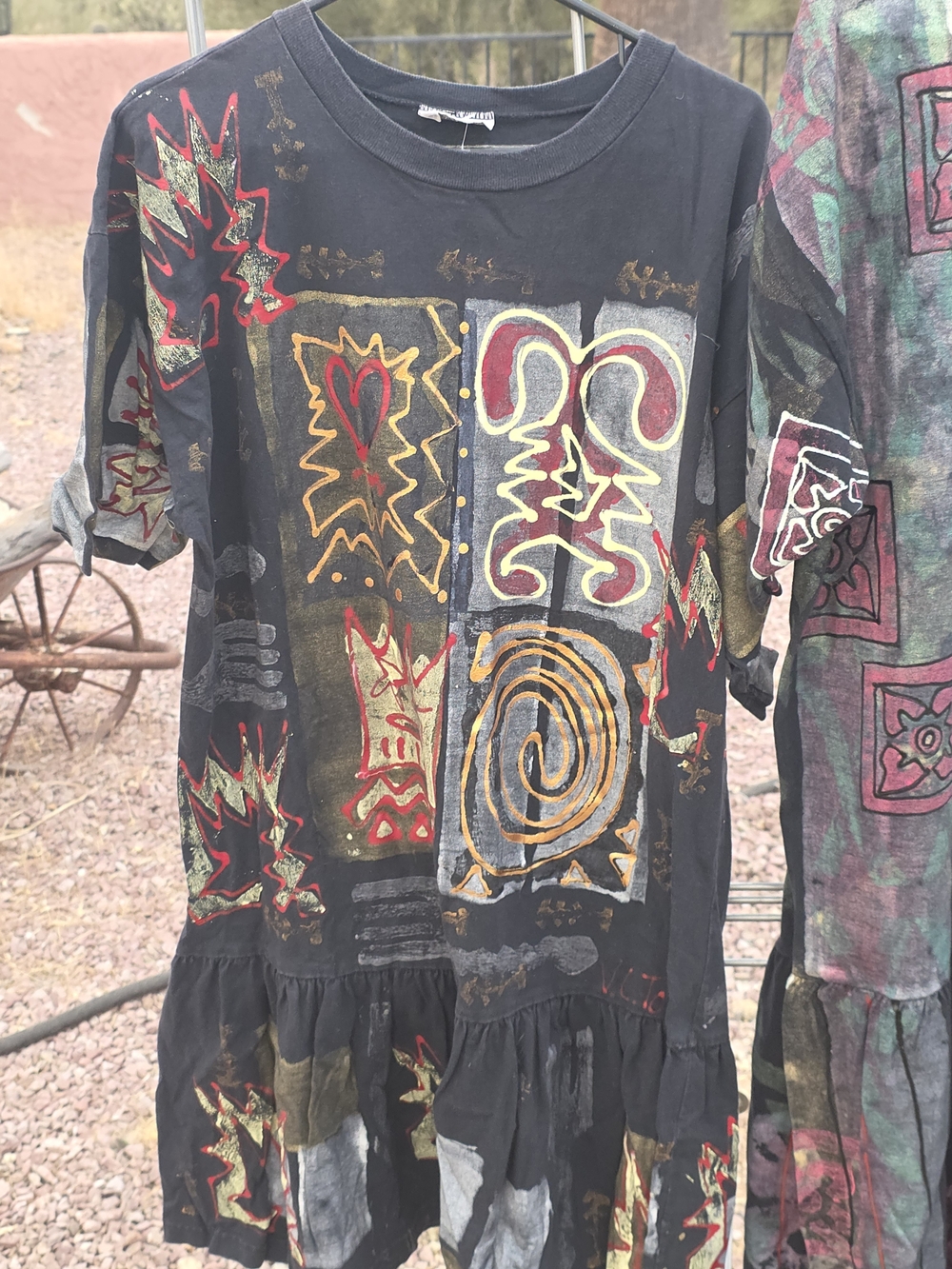 Black Abstract Painted Boho Dress with Red & Gold Accents